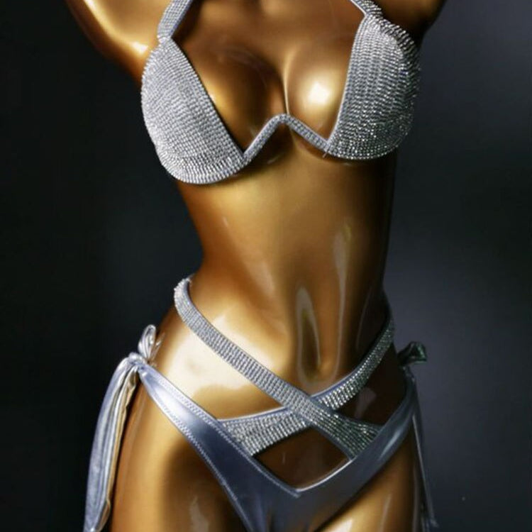 Swimwear Bikini Sets Swimsuit 2024 Summer Beach Shiny Crystal Rhinestone Padded Push Up Bikinis Set Outfits For Women Silver 4