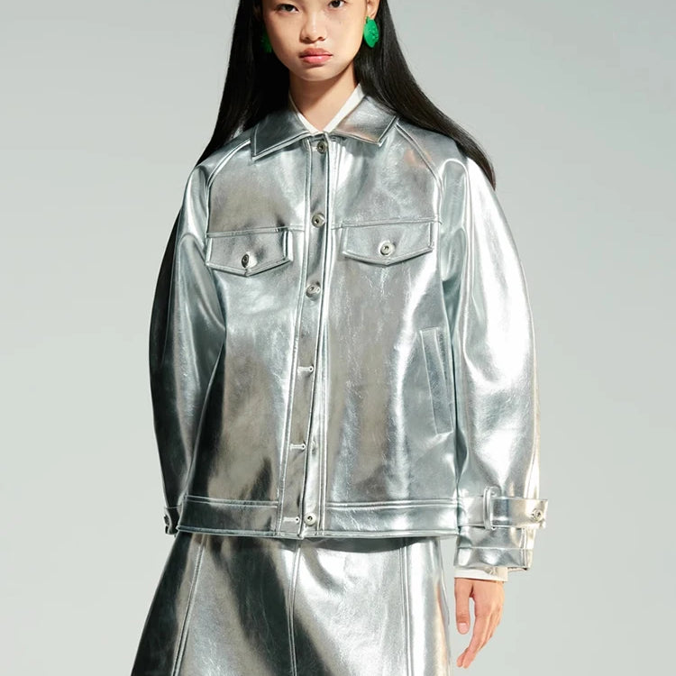 Lautaro-Women's Shiny Patent Faux Leather Jacket with Raglan Long Sleeve, Luxury Designer Clothing, Spring, Autumn, Silver, Y2K silver