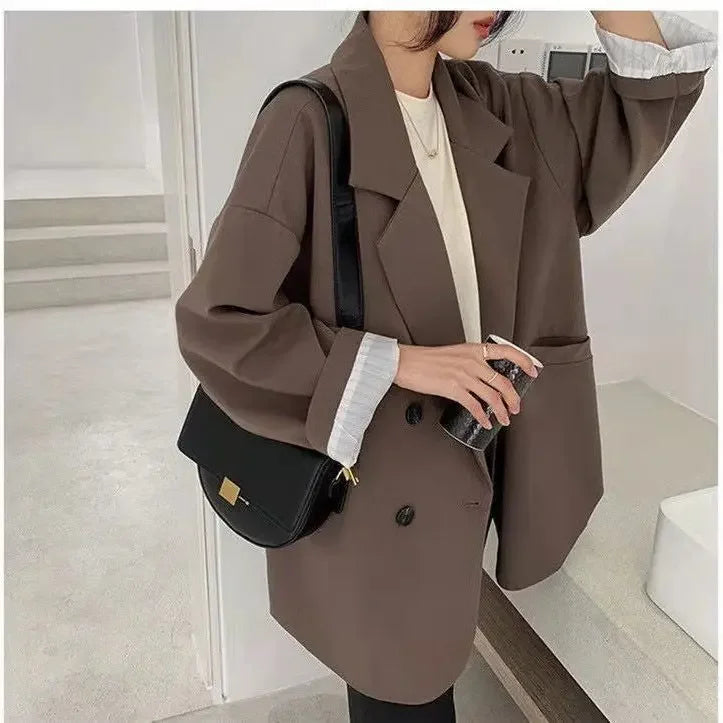 Blazers Women Minimalist Solid Outwear Loose Elegant Retro Official Fashion High Street Feminine All-match Spring Comfortable brown