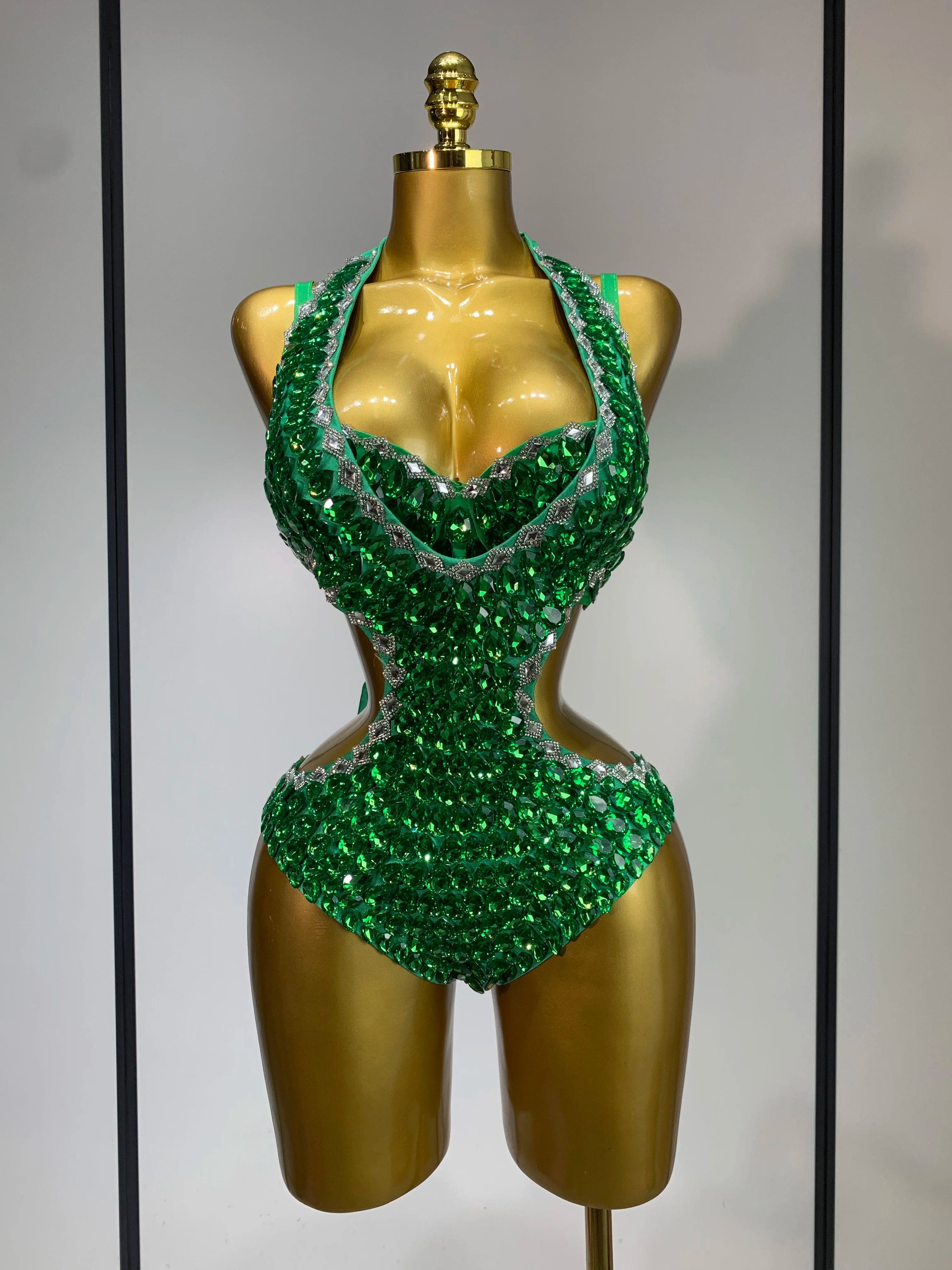 Women Luxury Rhinestone Bra Bodysuits Two Piece Set Female Singer DJ DS Dance Stage Performance Photo Shoot Club Party Outfit green