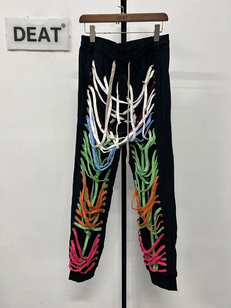 DEAT Autumn Elastic Drawstring Cross Full Length Slim Feet High Street Pants Trousers And Single Breasted jackets WN151 colored drawstring