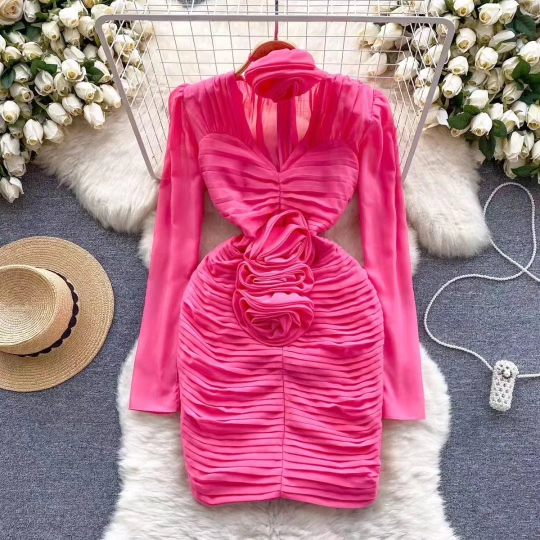 New French Spring 3D Rose Floral Chiffon Pleated Mini Dress Runway Women Sexy V Neck Puff Sleeve Folds Slim Bodycon Party Dress Rose Red