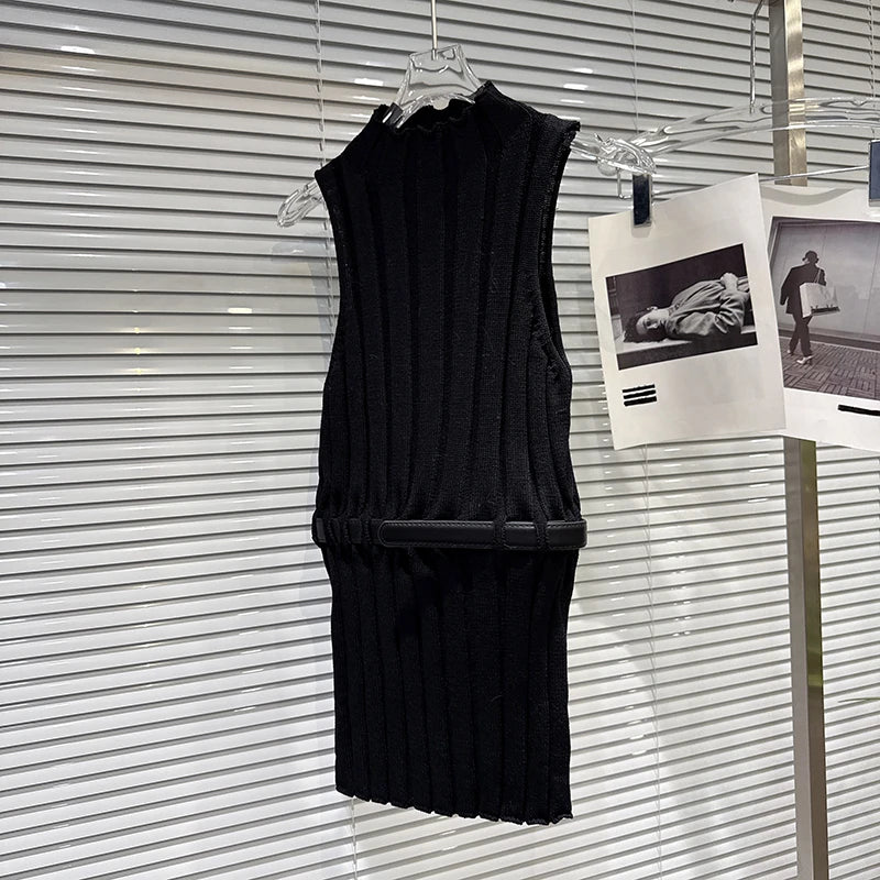 Winter New Fashion Off-Shoulder Belted Slim Knitted Vest For Women Solid Color Versatile Long Sleeveless Top 11A07505