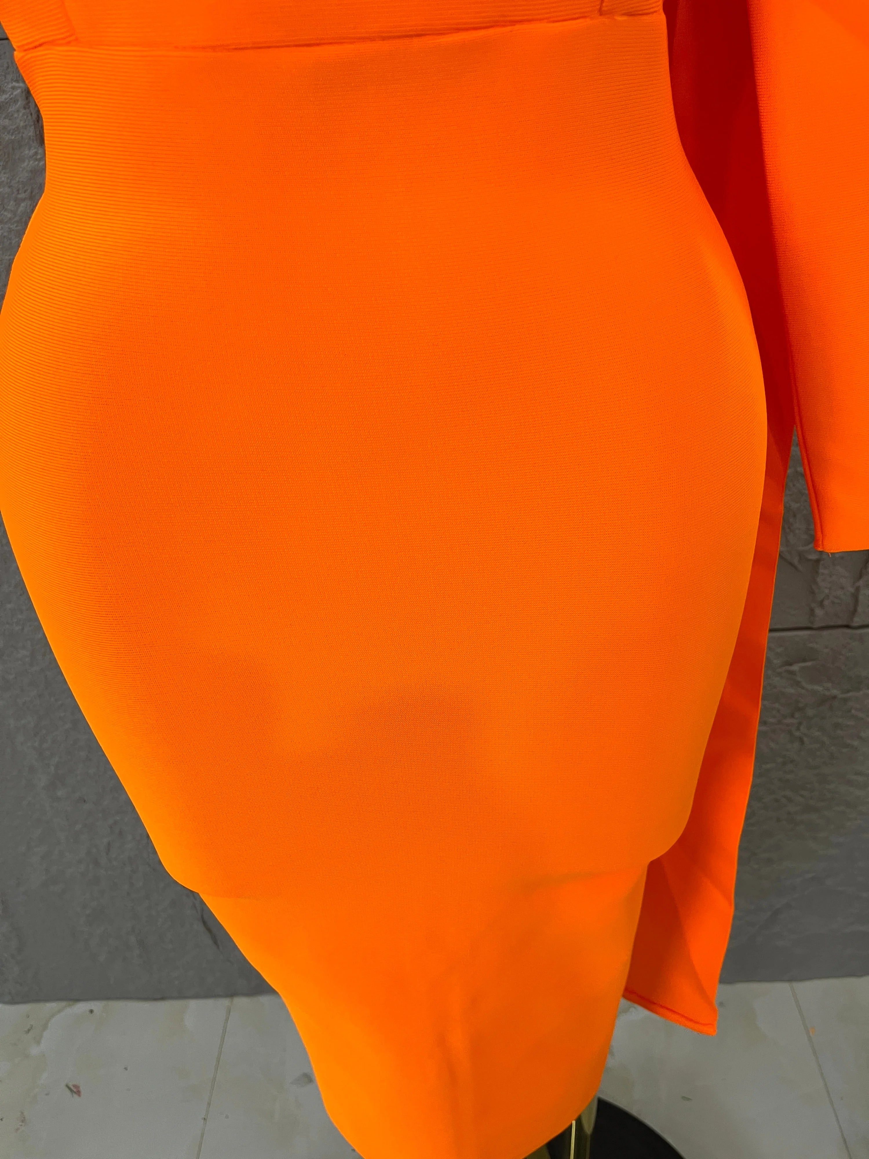 Vibrant Orange Single Sleeve Bow Shoulder Bandage Dress Slim Fit Midi Evening Birthday Nightclub Banquet Formal Dinner Outfit