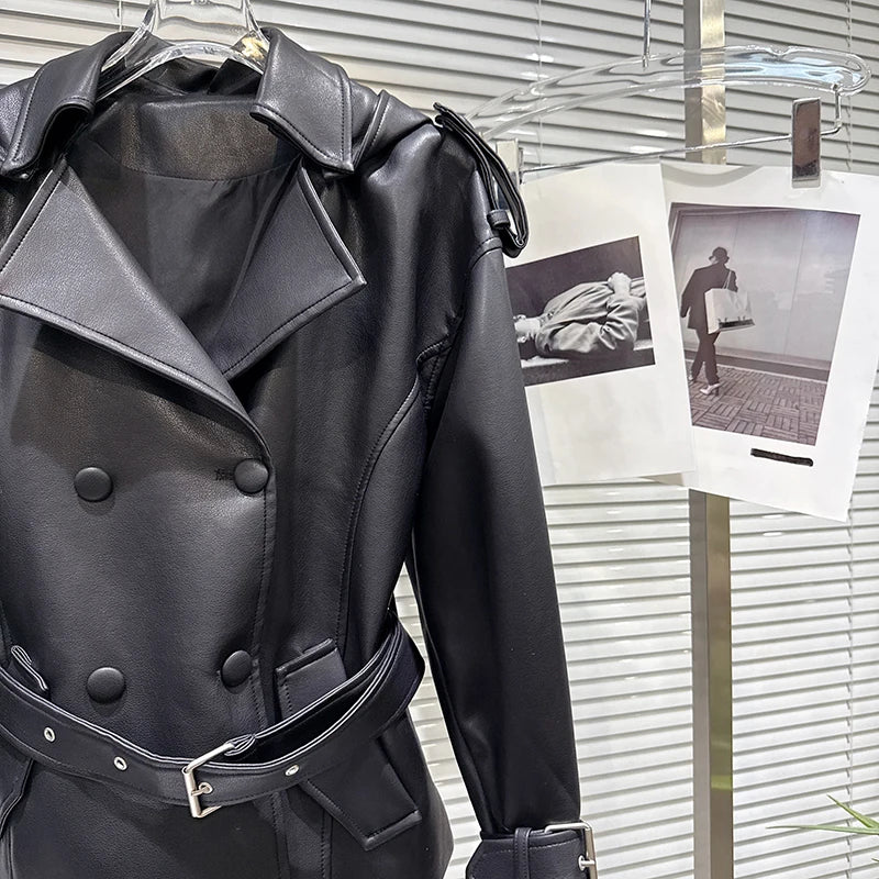 Winter New Fashionable Street Style Double-Breasted Belted Waist PU Leather Hooded Jacket For Women Coat 11A07952