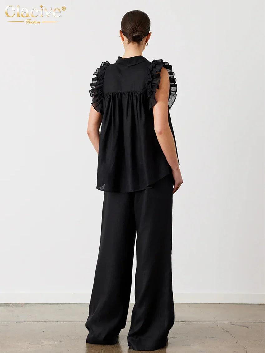 Clacive Fashion Loose Beige Cotton 2 Piece Sets Women Outfit Elegant Sleeveless Tank Top With High Waist Wide Pants Set