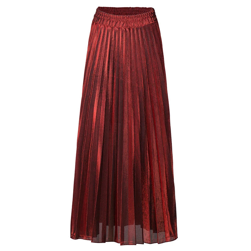 Women Shiny Luster Long Pleated Skirt Beach Party High Waist A-line Umbrella Long Skirt for Autumn