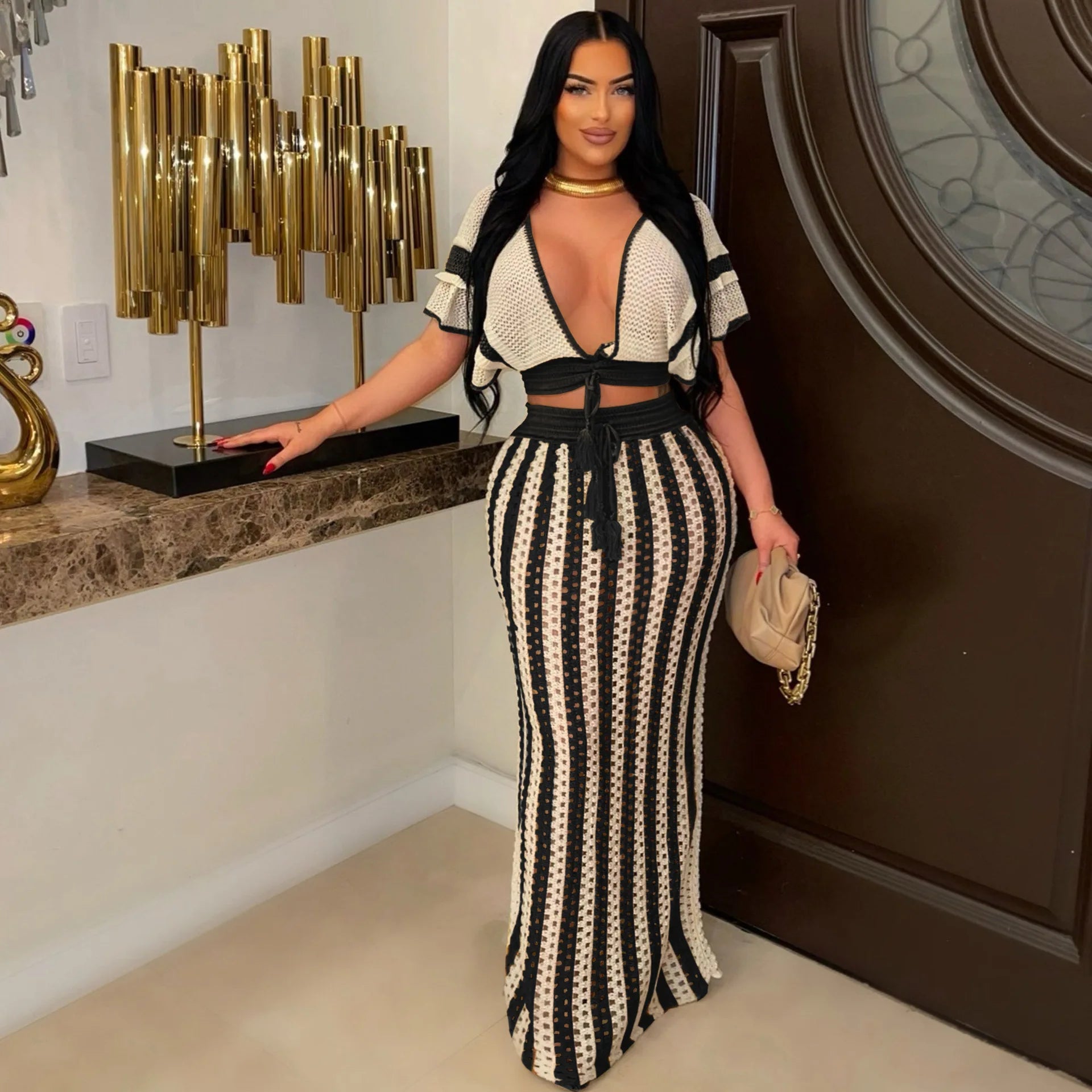 Women's Set Short Sleeve V-neck Top + Long Skirts Suit Summer Knitted Hollow Out Streetwear Beach Sexy Two 2 Piece Sets