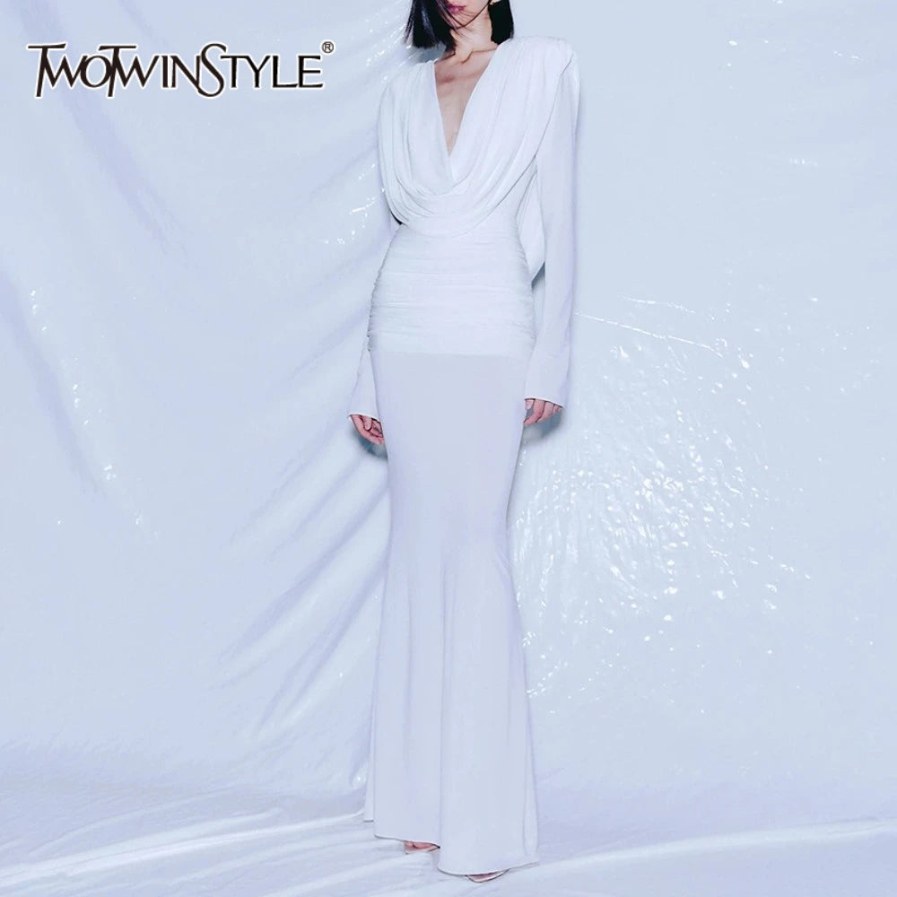 Solid Slimming Spliced Folds Minimalist Dresses for Women V Neck Long Sleeves Elegant Evening Dress Female Fashion