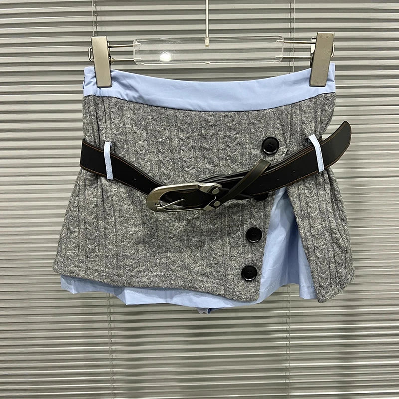 Autumn Winter New Knit Sweater Blue With Tie Shirt Spliced Fake Two-Piece Top Skirt Women's Three Pieces Set 11A07568