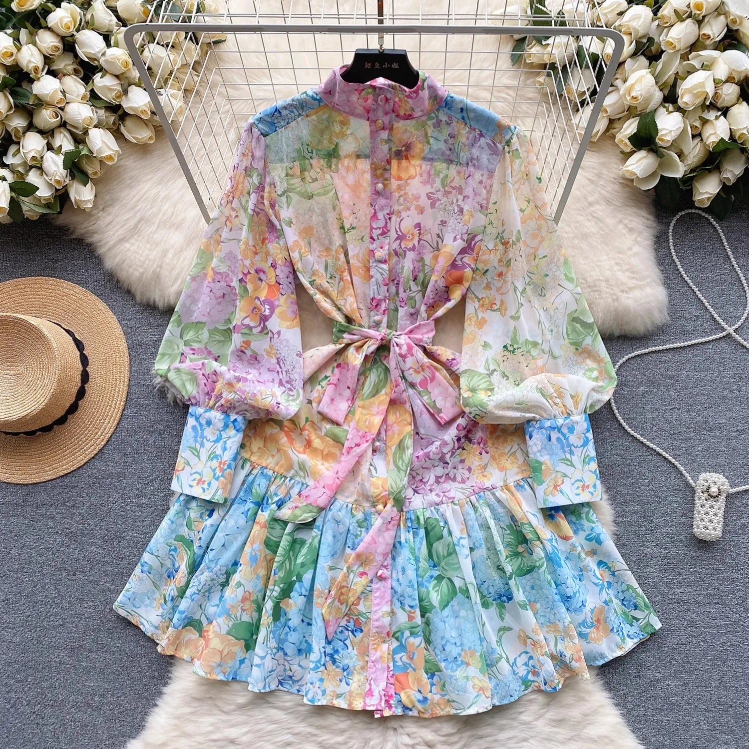 New Summer Holiday Beach Short Dress Women's Stand Long Lantern Sleeve Floral Print Sashes Lace Up Chiffon Loose Vestidos 6362 colorful