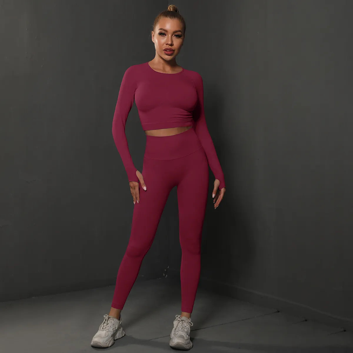 2Pcs Women Sets Energy Seamless Gym Suits Bubble Butt Sports Pants+Long Sleeve Shirts Push Up Running Sets Tracksuits Tights Set Wine Red