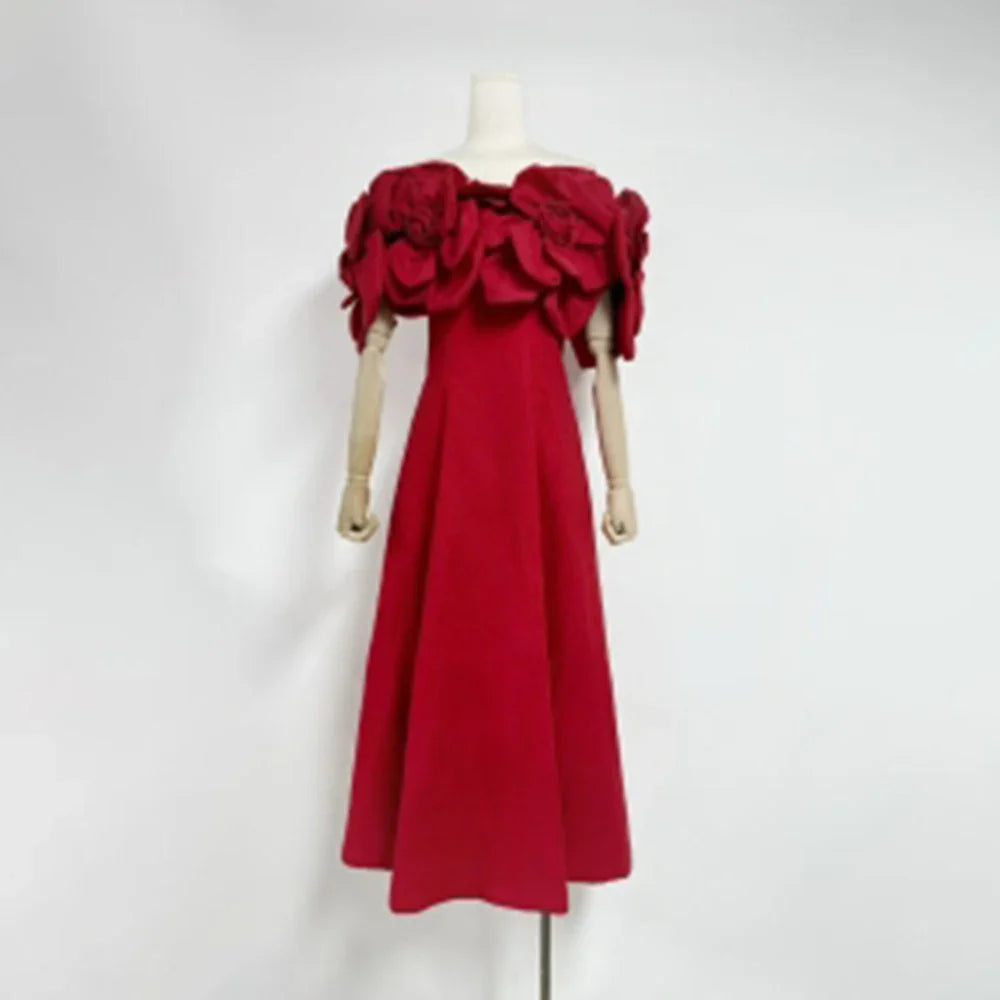 Solid Slimming Elegant Dresses for Women Strapless Off Shoulder Patchwork 3D Flowers Fashion Dress Female Clothing RED