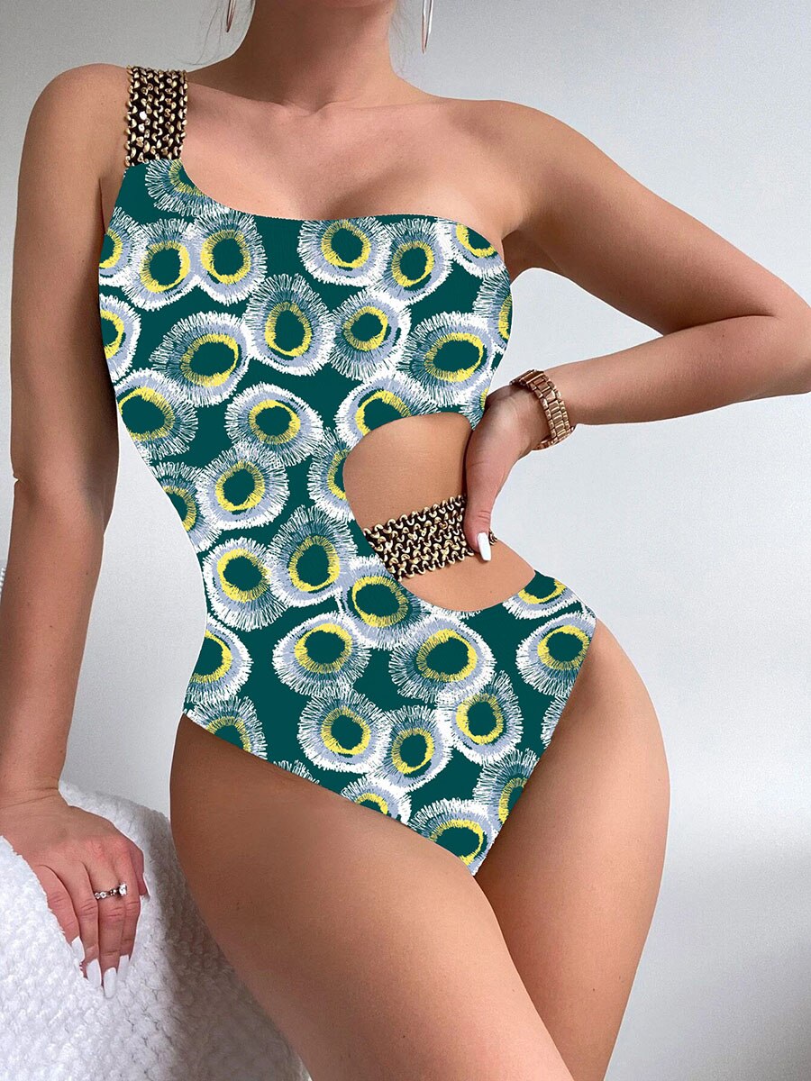 Sexy One Shoulder Strapped Print Swimwear - Push UP High Cut One Piece Swimsuit Monokini Backless Bathing Suit 7521 NO 5