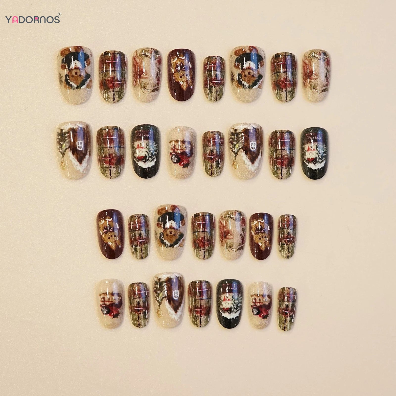 Short Oval Shaped Fake Nails Cartoon Bear/Snowman/Xmas Tree Printed Autumn Press On Nails Christmas Party False Nails 24Pcs