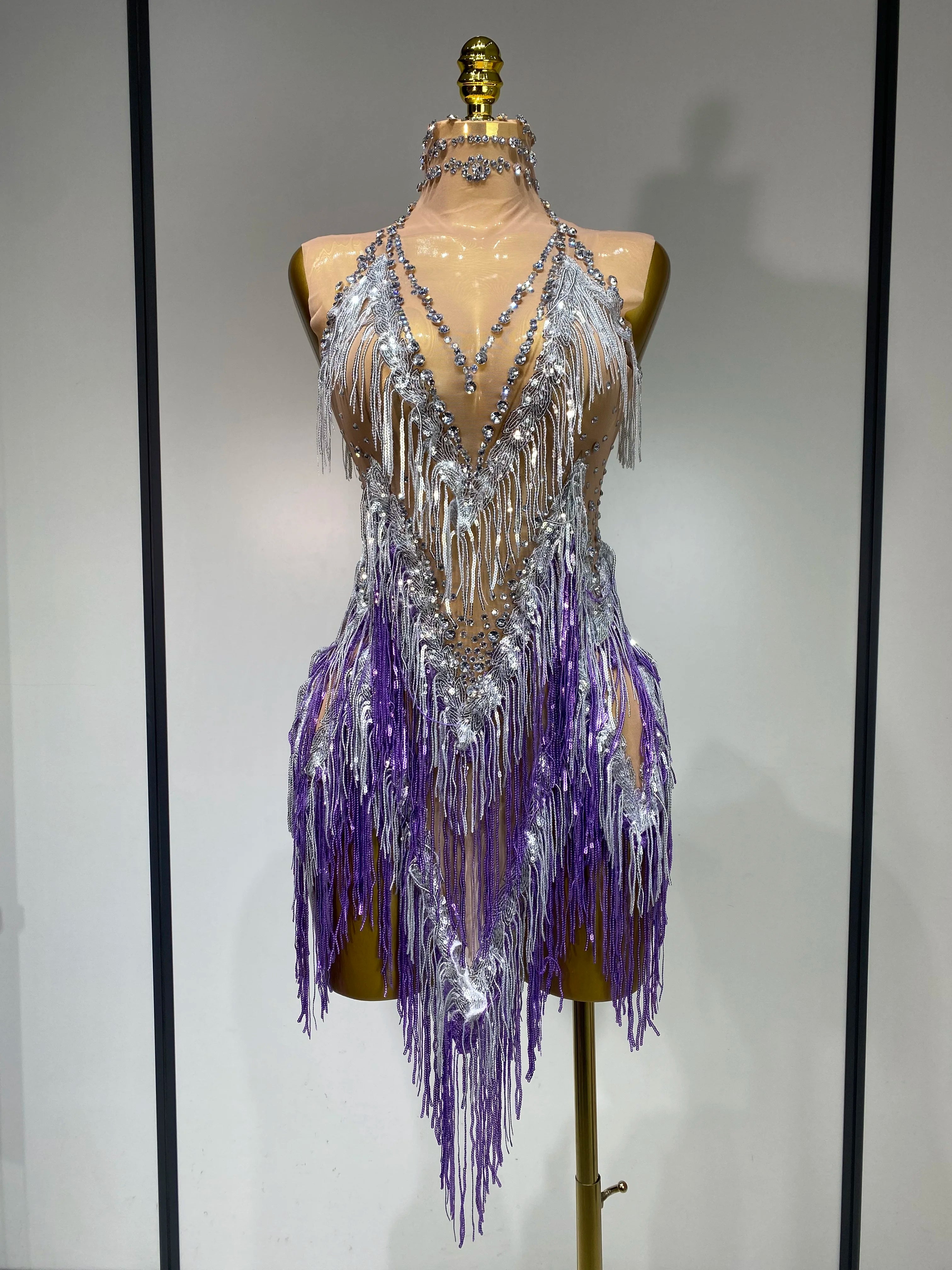 Luxury Birthday Dress Rhinestone Tassel Sexy Women Short Latino Dance Dress Nightclub Bar Sparkly Performance Stage Outfit PURPLE