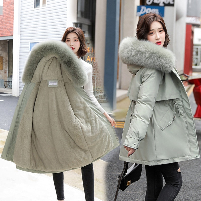 Parka à capuche pour femme, manteau Long, doublure en laine, nouvelle veste d'hiver Slim avec col en fourrure, vêtements chauds pour la neige, vêtements rembourrés, 2022