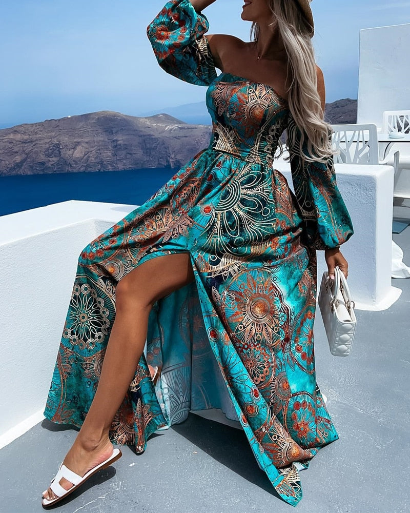 Summer Women Fashion Vacation Beach Dress Long Sleeve Loose Tribal Print Off Shoulder Corset Slit Holiday Maxi Dresses