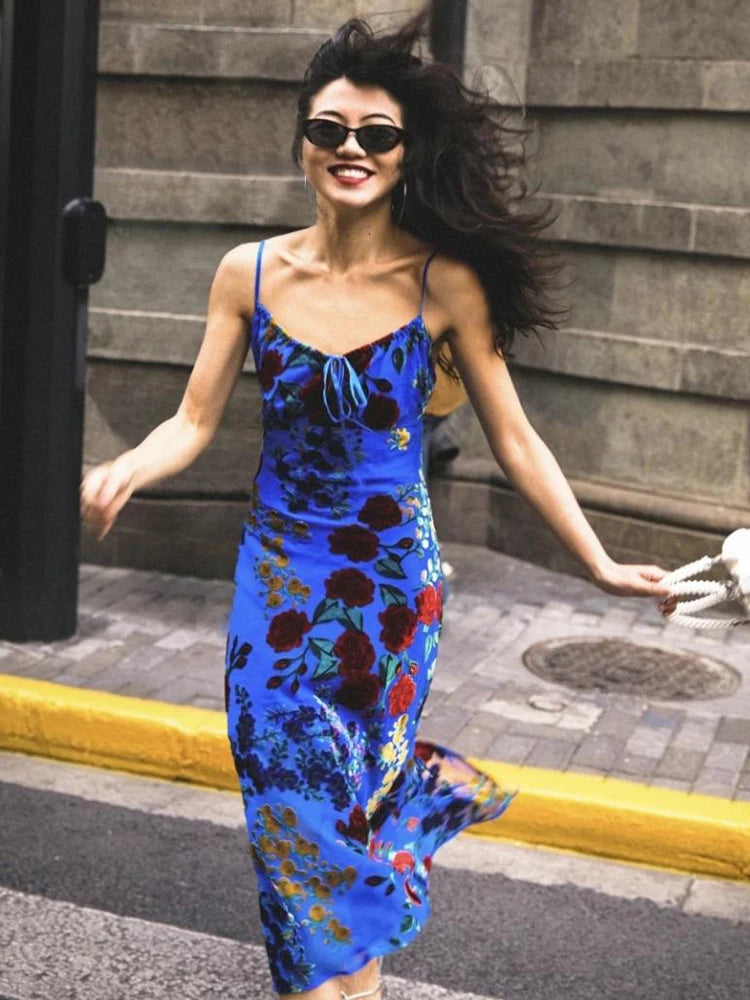 Blue Sexy Spaghetti Strap Party Women Dress Chic Backless Floral Printed Midi Velvet Drawstring Sling Cocktail Party Gowns