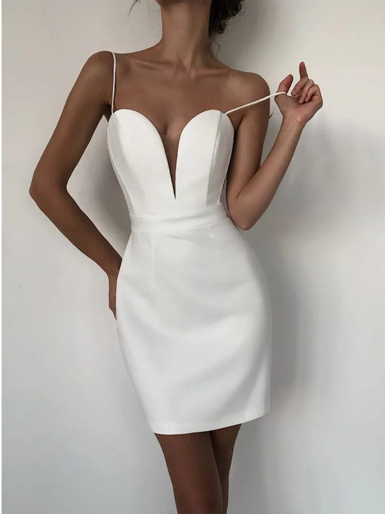 Women Summer Sexy Sleeveless Backless V Neck White Black Mesh Mini Bodycon Bandage Dress Elegant Evening Club Party Dress WHITE