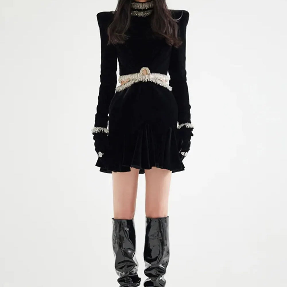 2025 Sexy Women's Open Waist Tassel Velvet Dress Stand Collar Long Sleeve Slimming Mini Dress Celebrity Evening Party Vestidos
