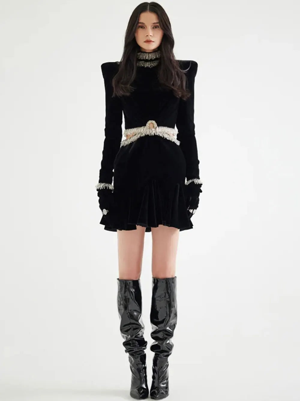 2025 Sexy Women's Open Waist Tassel Velvet Dress Stand Collar Long Sleeve Slimming Mini Dress Celebrity Evening Party Vestidos