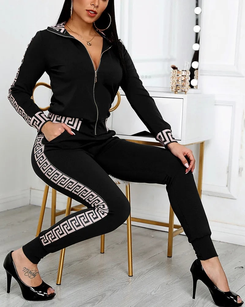 Women Two Piece Set Outfits Autumn Women's Tracksuit Zipper Top And Pants Casual Sport Suit Winter 2 Piece Woman Set Black