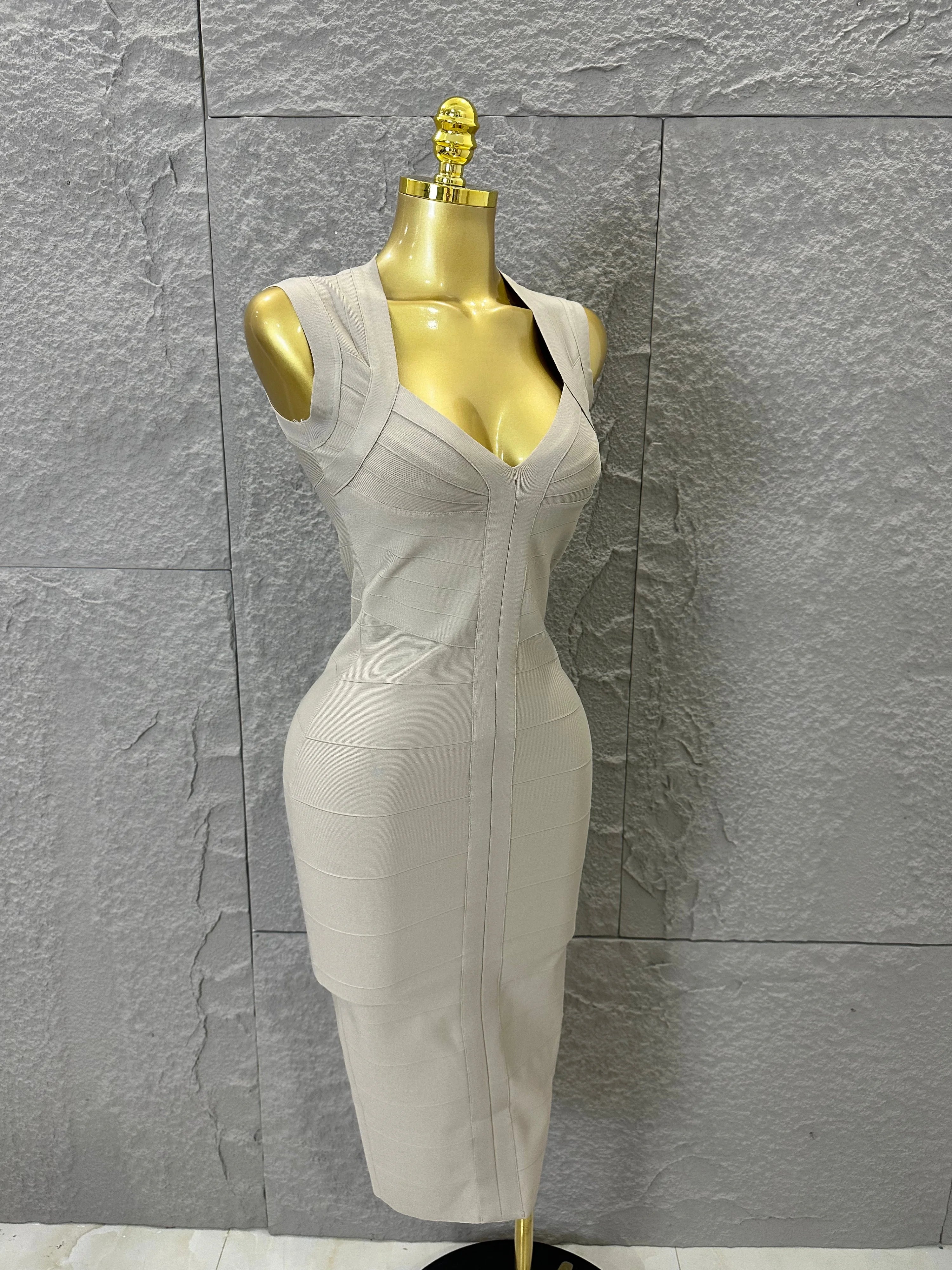 2026 Elegant Beige Bandage Midi Dress Women Sleeveless Deep V Neck Bodycon Cocktail Party Evening Gown Formal Event Wear