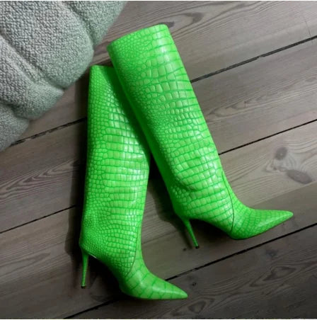 Size 43 Women Sexy Pattern Knee High Boots 2022 Autumn High-heel Pointed Toe Women's Shoes Black Green