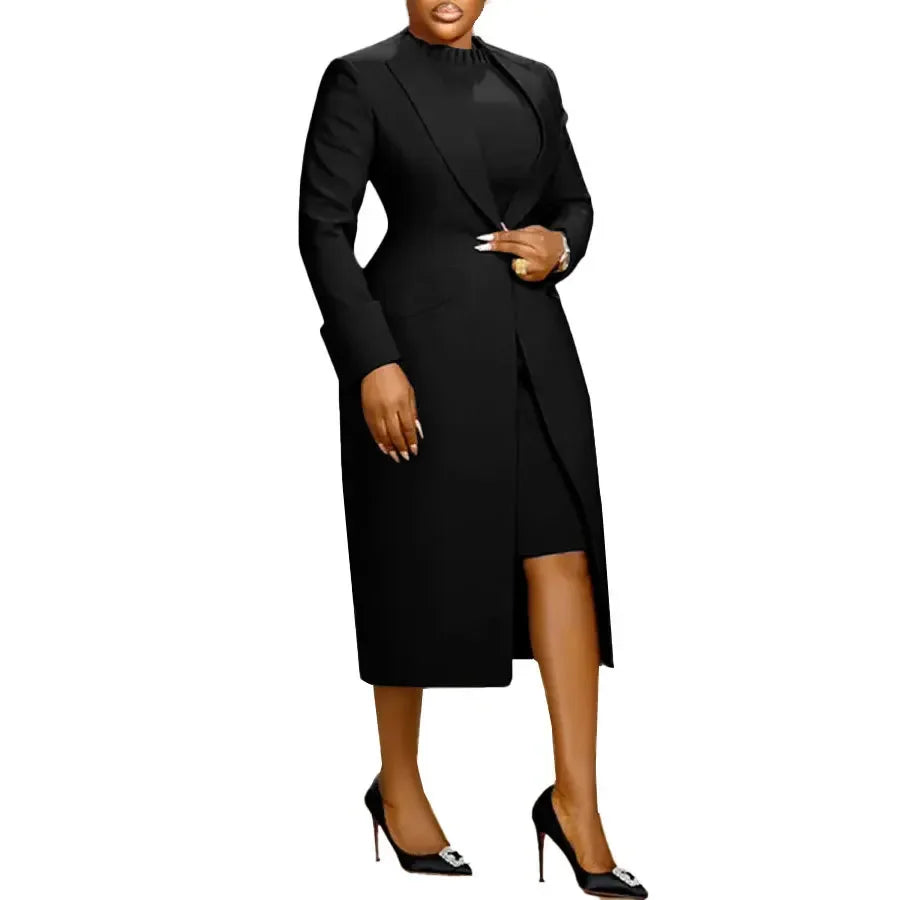 Women's Set Full Sleeve Long Blazer Coat+ Long Dress Suit 2025 Winter Streetwear Two 2 Piece Set Africa OL Work Outfits Black