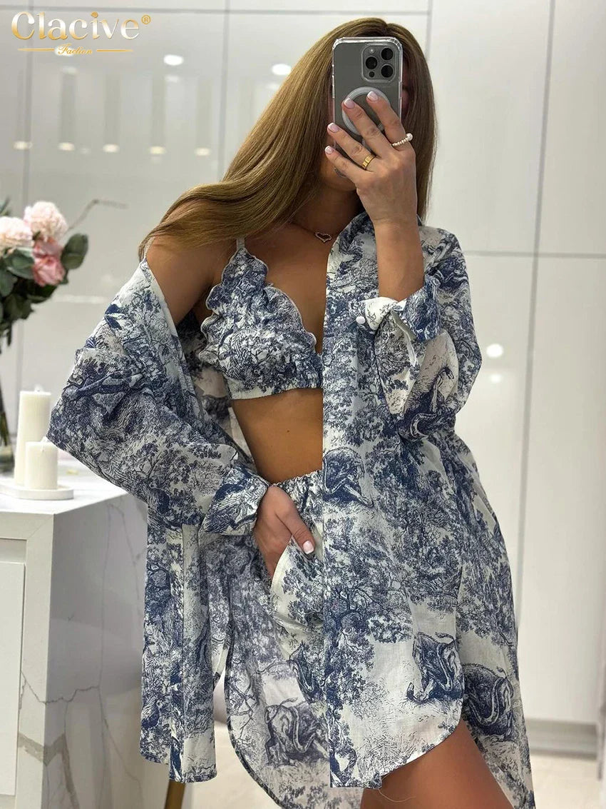 Clacive Fashion Loose Print 3 Piece Sets Women Outfit Elegant Long Sleeve Shirt + Bra With High Waist Shorts Set Streetwear Blue