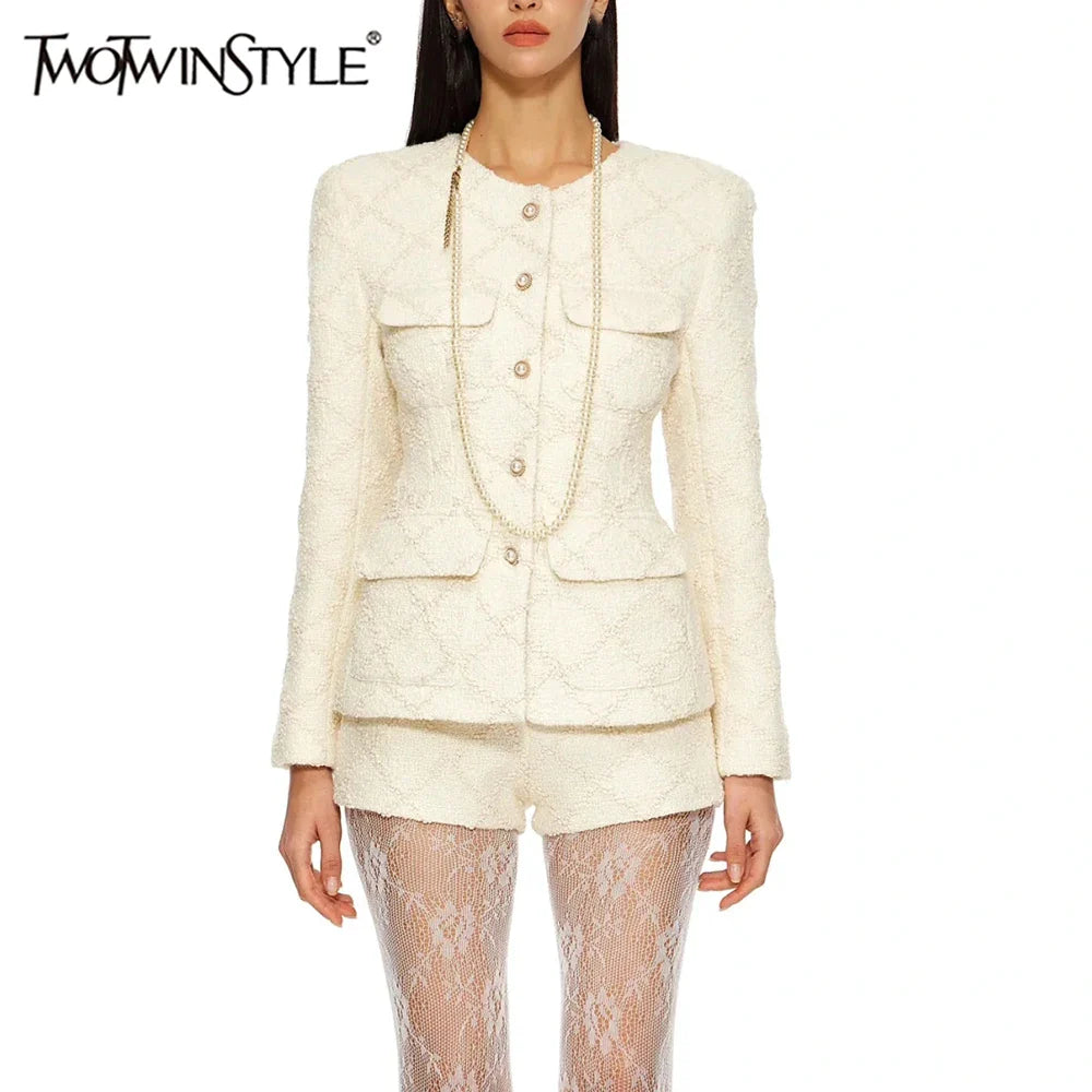 Solid Temperament Two Piece Sets For Women O Neck Long Sleeve Coat High Waist Shorts Elegant Set Female Fashion New