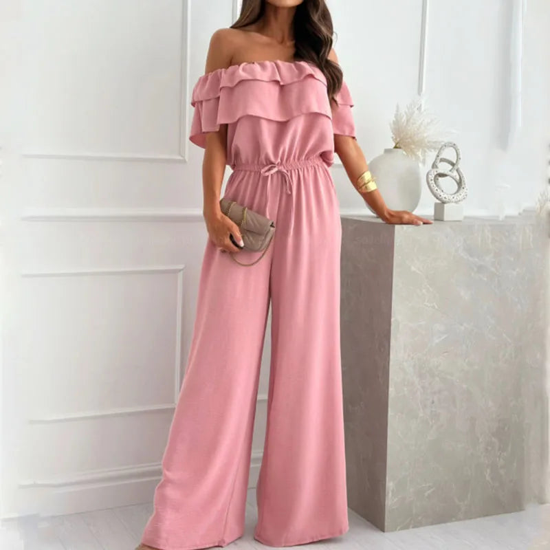 Summer Solid Color Long Slim Jumpsuit Fashion Temperament Commute Ruffles Romper Women Off Shoulder High Waist Lace-up Jumpsuits 05 Pink