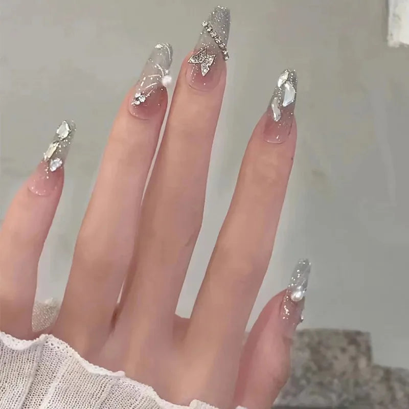 24Pcs Mid-length Gradient Finger Nails with White Butterfly Pattern Designs French Fake Nails Diamond Wearable Fashion Nail Tips 2