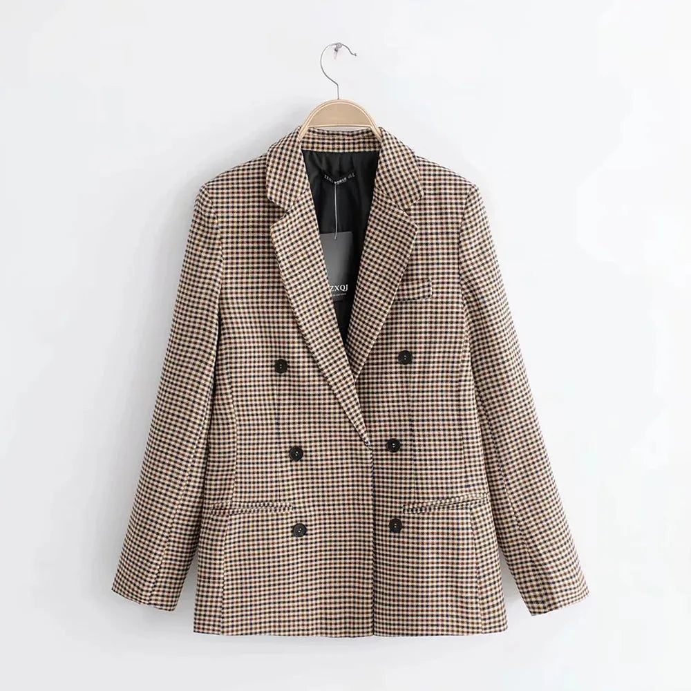 Retro Women Plaid Blazer Notched Collar Lattice Suit Jacket Double Breasted 2023 Office Lady Loose Blazer Coats Chic Outwear Coffee
