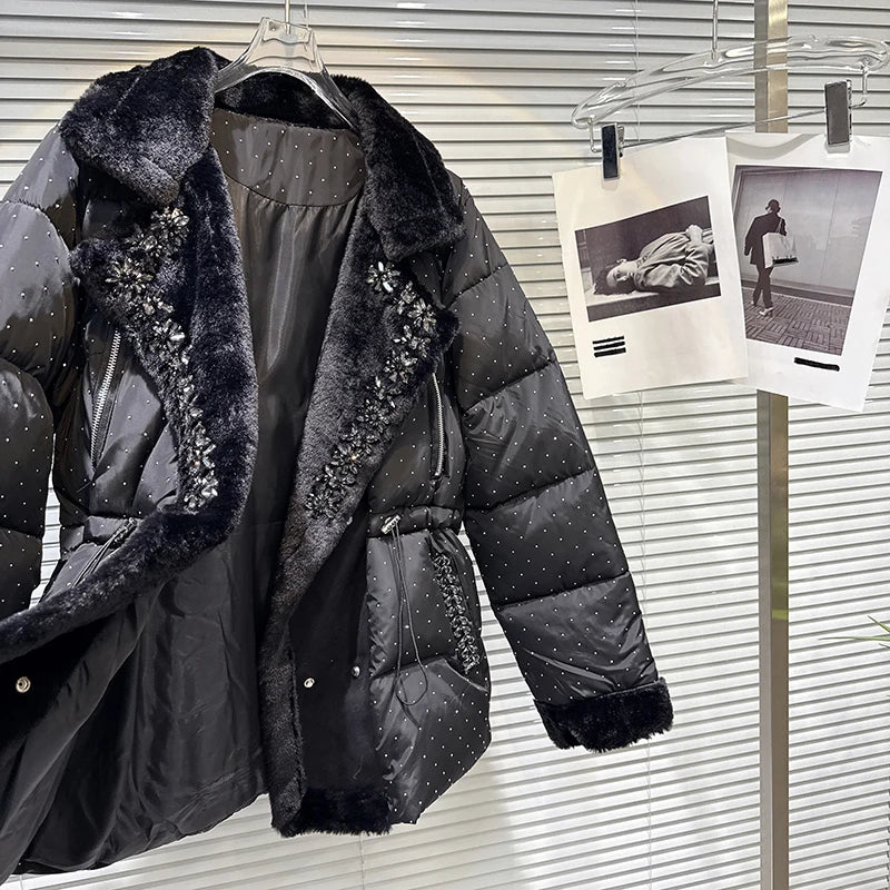 Winter New Fashion Elegant Rhinestone Fleece Drawstring Waist Warm Coat For Women Cotton-padded Jacket Female 11A07514