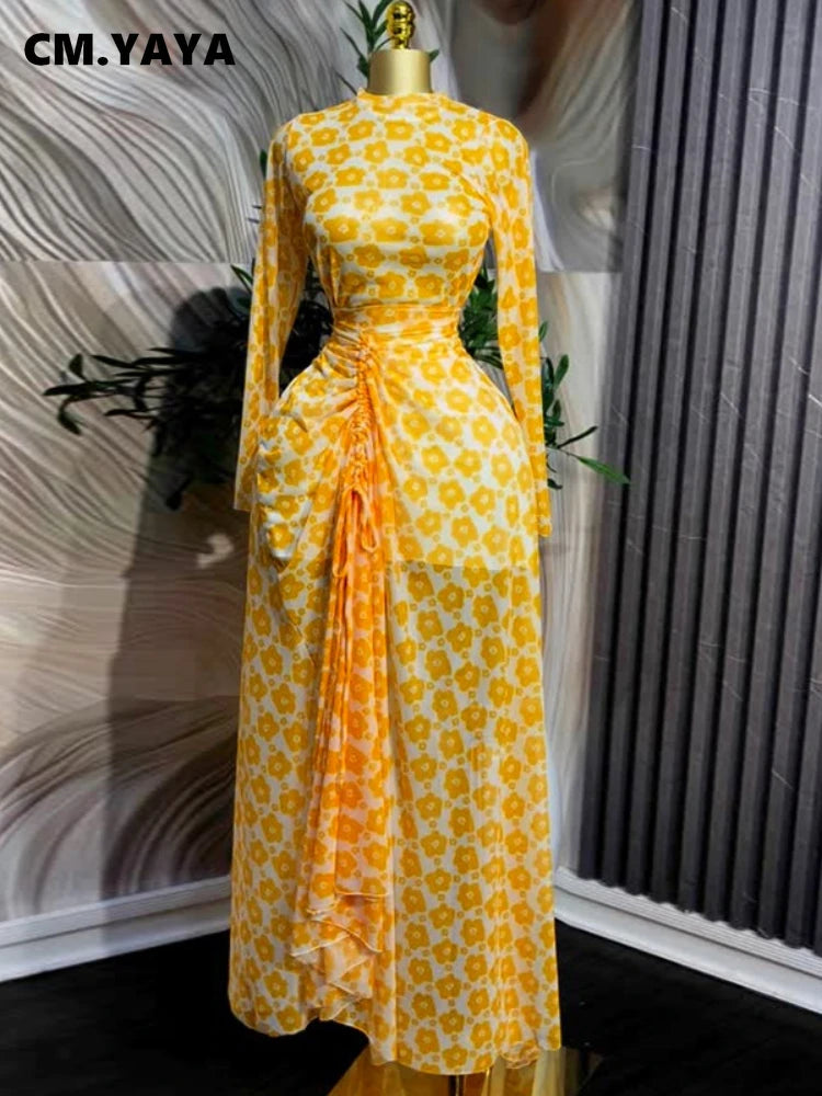CM.YAYA Summer Floral Printed Women Long Sleeve Elegant Drawstring Ruched Up Maxi Long Dress Night Club Party Dresses Vestidos