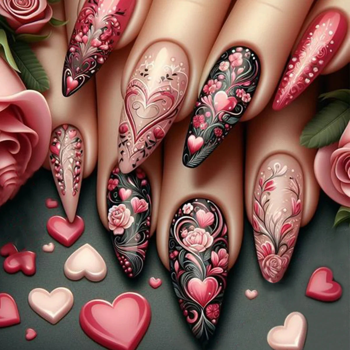 24pcs/set short Medium fake nails square ballet almond nail tips pink beautiful heart for Valentine's Day press on false nails 1676
