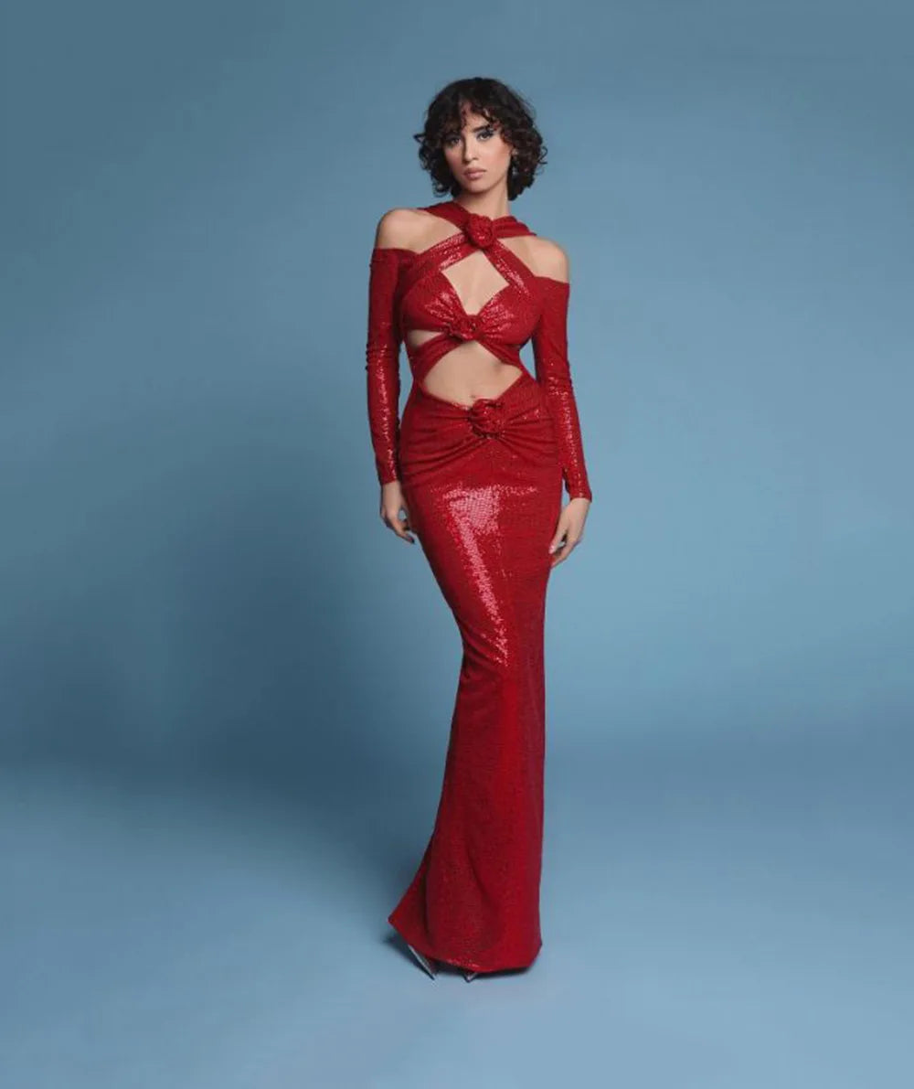 2024 New Autumn Red Color Shinning Sequins Women Long Sleeve Sexy Halter Bodycon Long Dress Florals Wedding Mermaid Party Dress