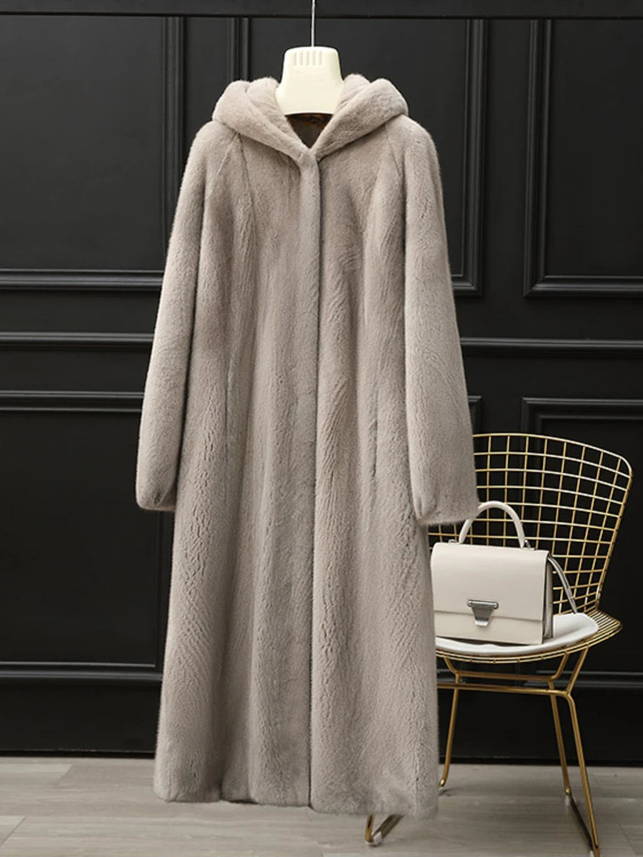 Lautaro Autumn Winter Long Luxury Elegant Thick Warm Fluffy Soft Faux Mink Fur Coat Women with Hood Black Furry Overcoat 2025 Silver-blue