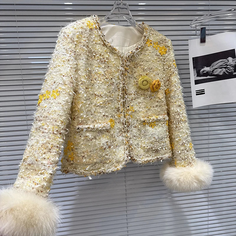 Winter New High-End Fashion Fox Fur Sleeve Tweed Cotton Liner Short Coat For Women Elegant Jacket Female 11A07868