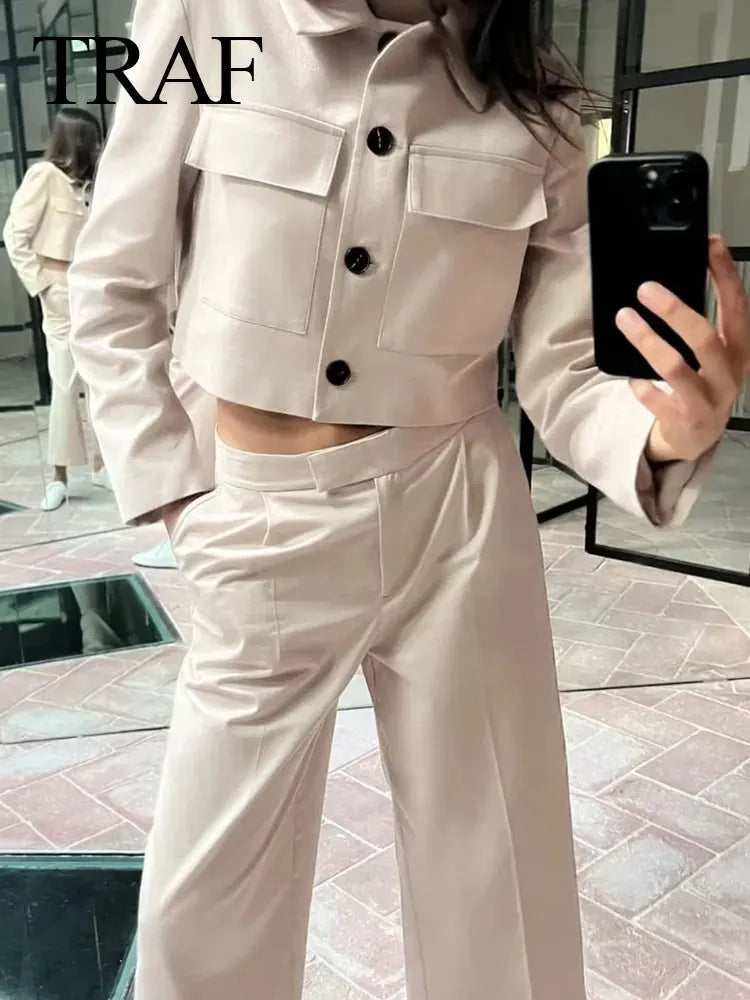 TRAF Spring Women's Fashion Beige Blazer Suit Single Breasted Jacket Women's High Waist Casual Baggy Pants 2-piece Set