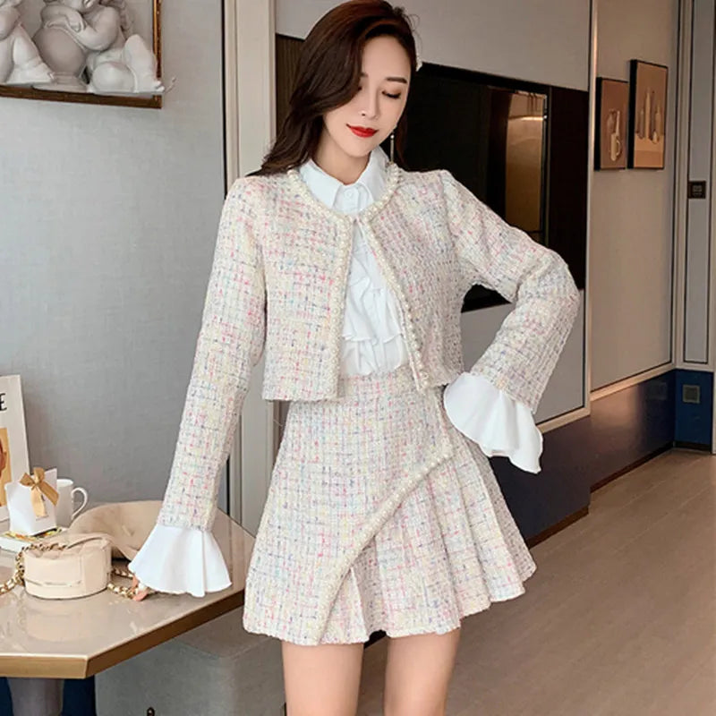 Women Autumn Winter 3 Piece Sets Lady Fashion Elegant Slim Coat Skirt Shirt Three-piece Suit Tweed Sets