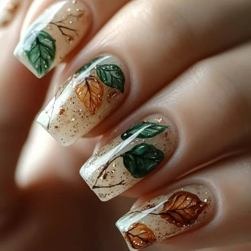 24Pcs Fashion Fake Nails Press on Long Ballet False Nails Art with Flower Design Brown Detachable Full Cover Nail Tips Manicure 1845