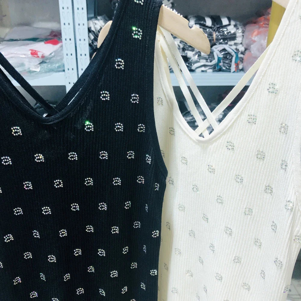 Summer High Elasticity Diamond A Letter AW Wang Tanks Camis Top For Women Y2k 2000s Corset Top Coquette Sexys Clothes