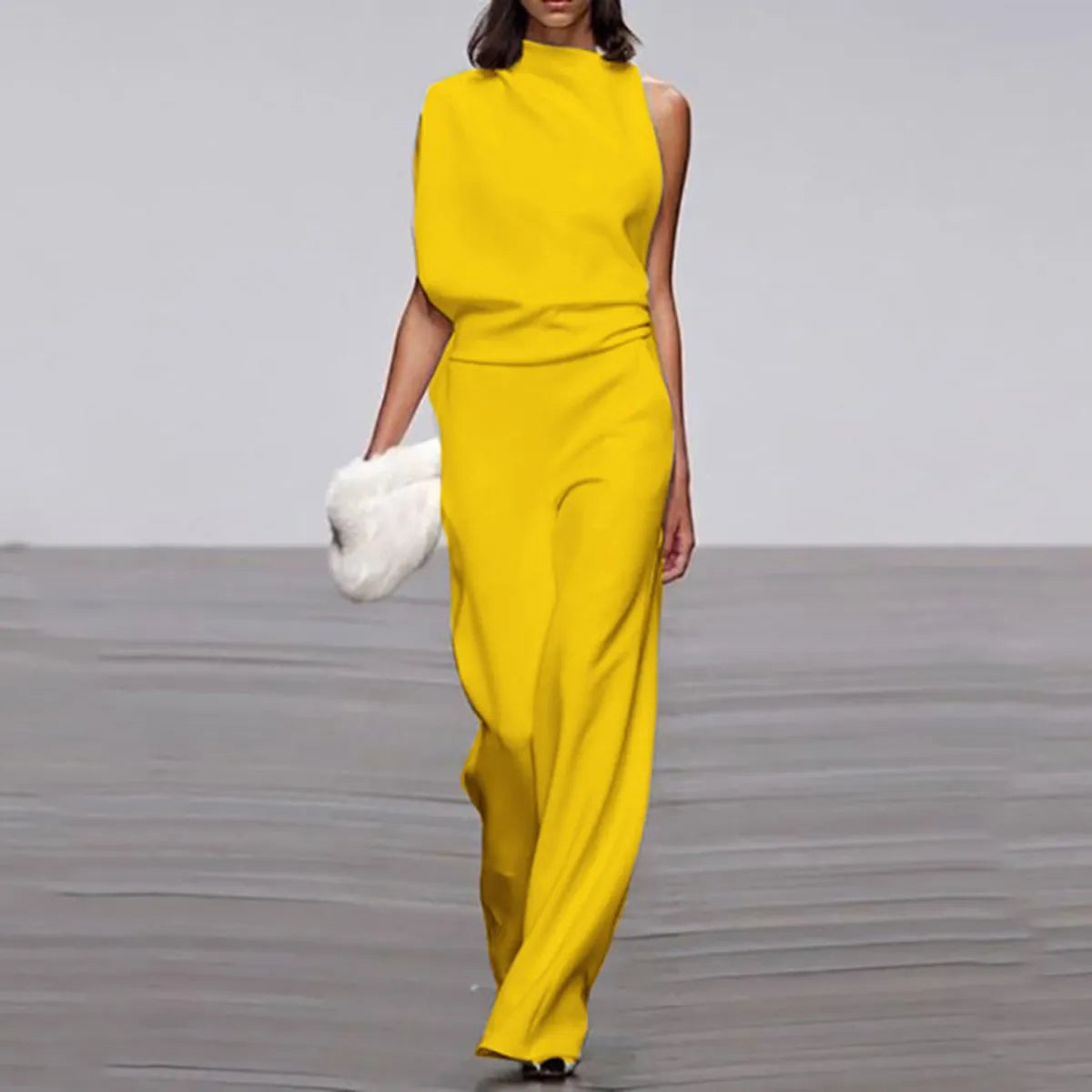 Summer Female Suits Stylish Urban Asymmetric High-Neck Solid Color One Shoulder Casual Tops Loose Pants Set For Women