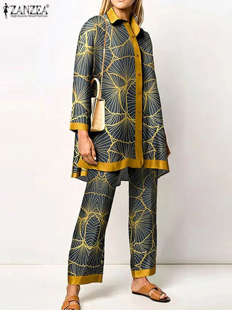 Fashion Retro Printed 2pcs Pant Sets ZANZEA Holiday Long Sleeve Lapel Shirts Outfits Elegant Women Long Trouser 2023 Tracksuit
