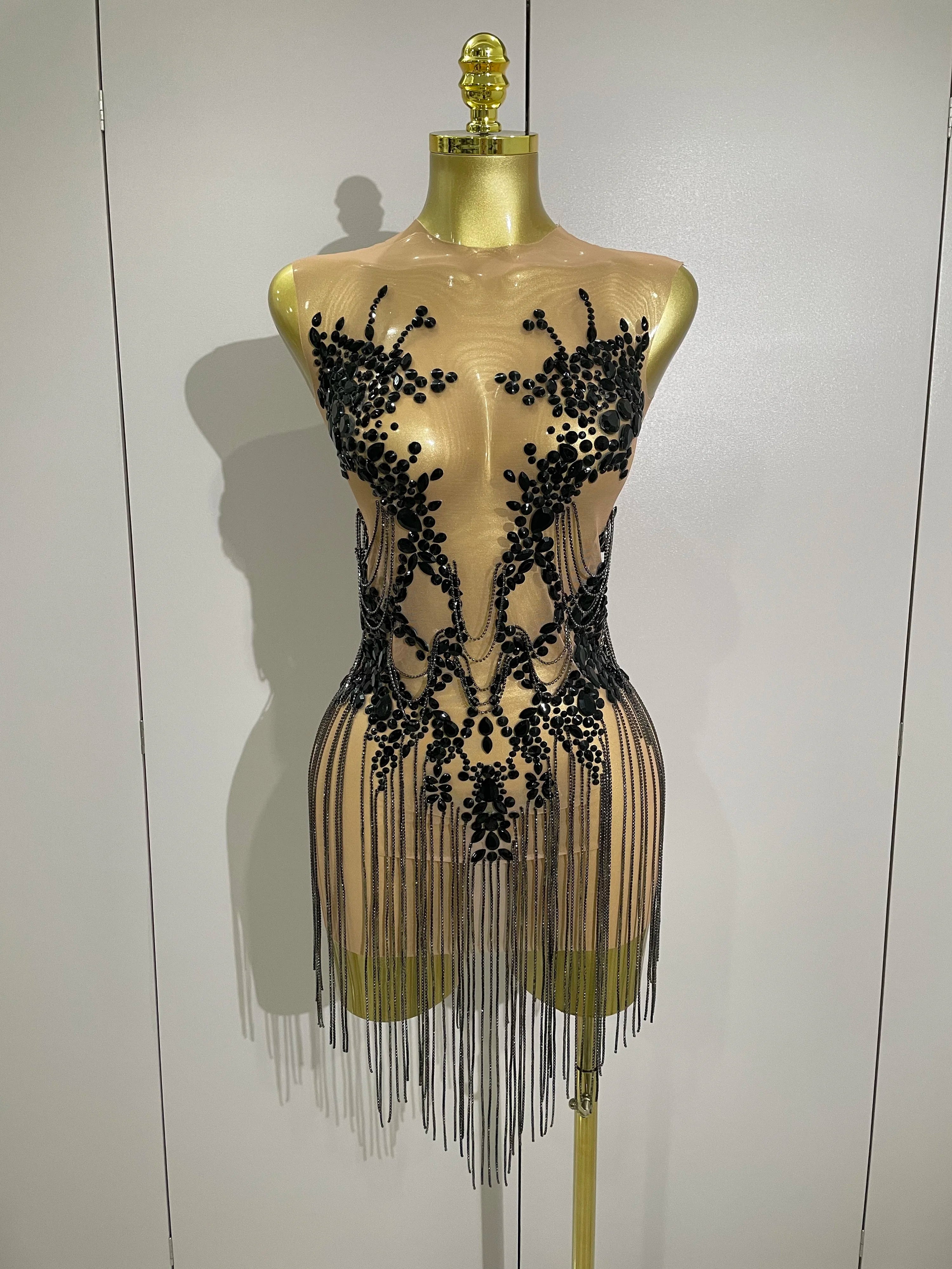 Luxury Sparkly Rhinestones Chain Sleeveless Mini Dress 2025 Women Sexy Performance Dance Nightclub Outfit Birthday Party Dress black