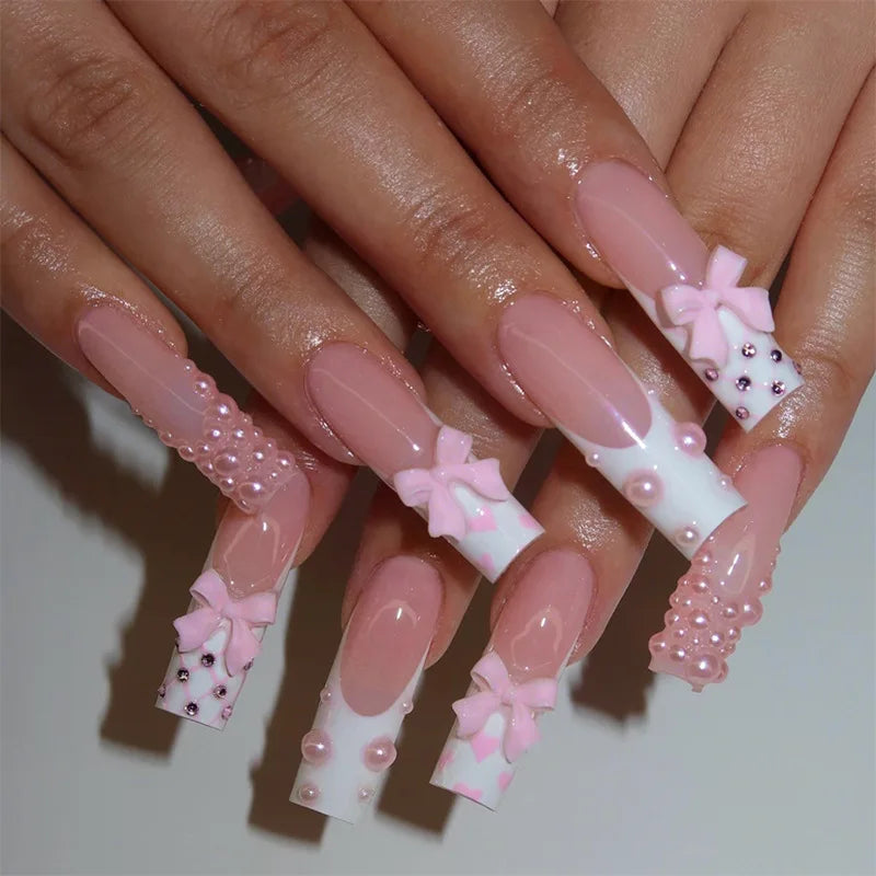 24Pcs Pink Press on Fake Nails Long Coffin with Love Broken Diamond Pearl Bowtie Design French Fake Nails Full Cover Nail Tips 1