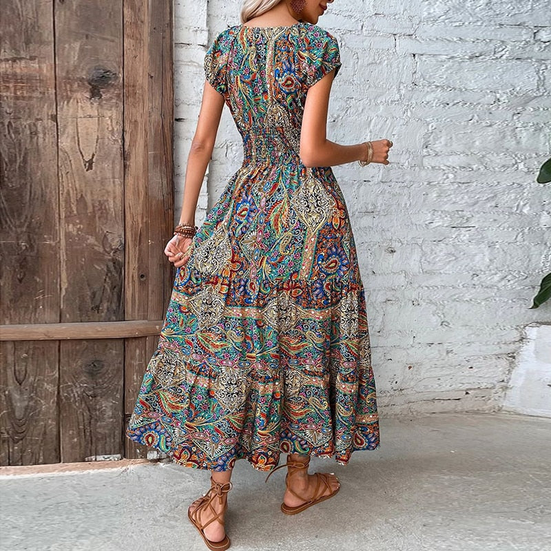 Women Vintage Print Long Dress 2024 Summer Sexy V Neck Short Sleeve A-line Dress Female Elegant Elastic Waist Maxi Dresess Robe